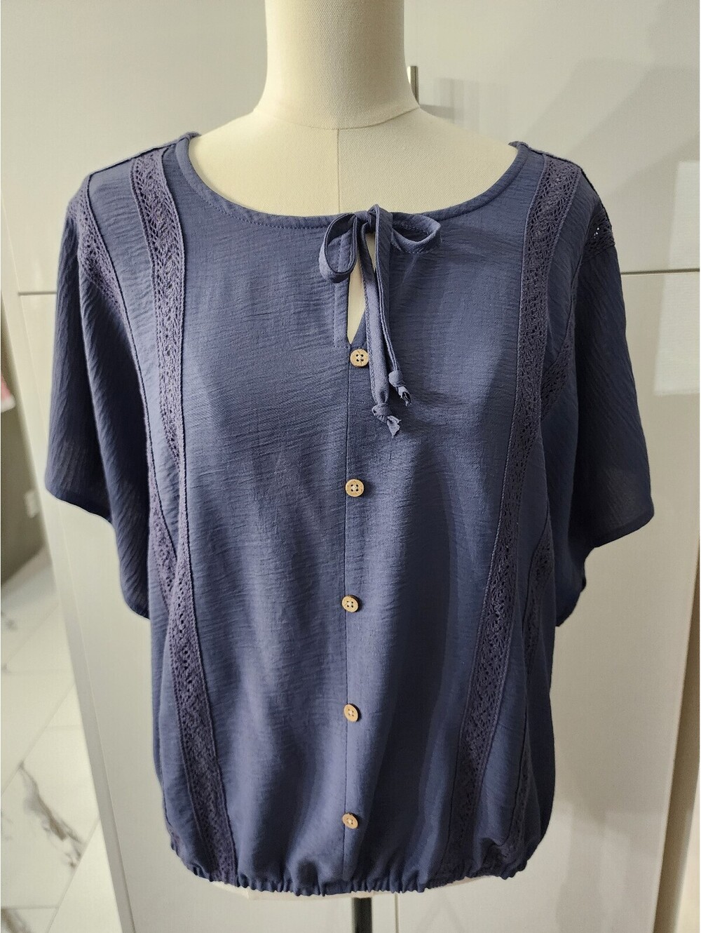 Daytrip Medium Blue Button-Up Short Sleeve Blouse with Lace Detail